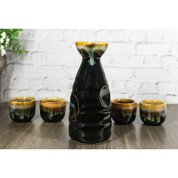 Glazed Ceramic Brown White Waterfall Japanese Sake Tokkuri Flask And 4 Cups Set