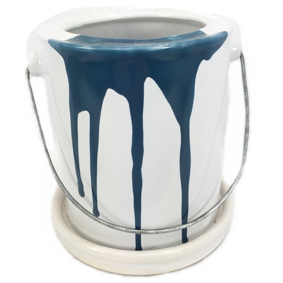 Glazed Ceramic Paint Can Pot/Saucer - Blue - 4 1/2" x 4 1/2" + Felt Feet