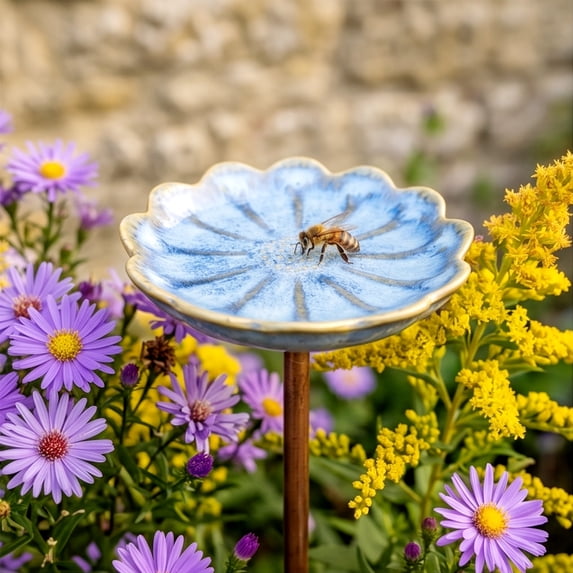 Glazed Ceramic Pollinator Waterer with Stake, Floral Insect Bird Feeder Bath, Sturdy Garden Yard Ornament for Hummingbirds Butterflies, Outdoor Patio Backyard Pollinator Station