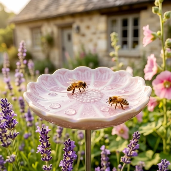 Glazed Ceramic Pollinator Waterer with Stake, Floral Insect Bird Feeder Bath, Sturdy Garden Yard Ornament for Hummingbirds Butterflies, Outdoor Patio Backyard Pollinator Station