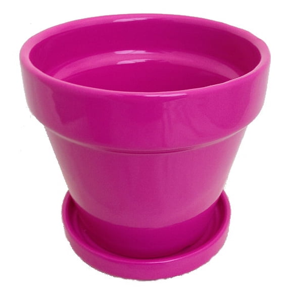 Glazed Ceramic Pot/Saucer - Hot Pink - 4 1/2" x 4 1/4" with Felt Feet