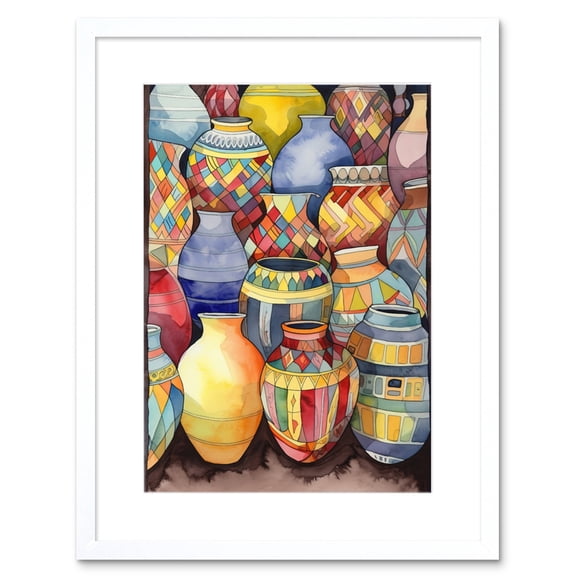 Glazed Ceramic Pot Vases Folk Art Artwork Framed Print Wall Art 9X7 Inch