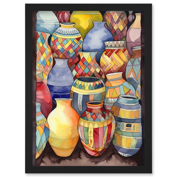 Glazed Ceramic Pot Vases Folk Art Artwork Framed Wall Art Print A4