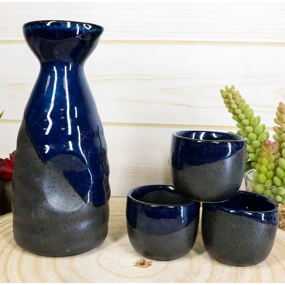 Glazed Ceramic Pottery Blue Night Sky Japanese Sake Tokkuri Flask And 3 Cups Set