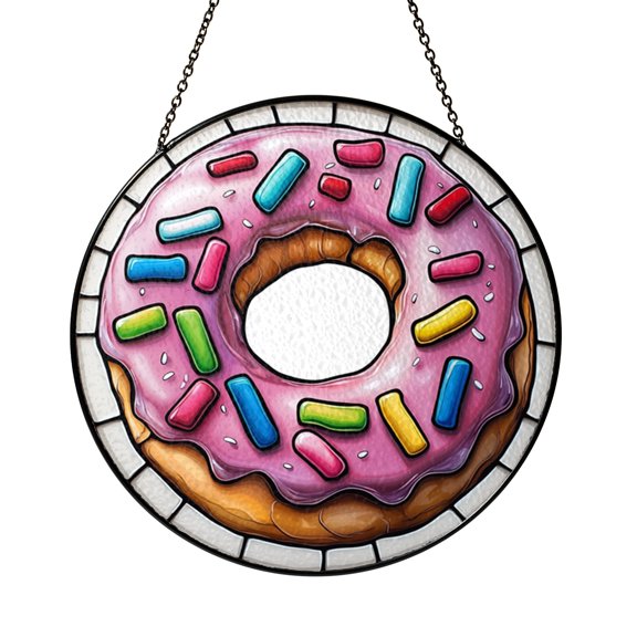 Glazed Donut Sprinkle Stained Glass Window Decor, Dessert Suncatcher Hanging Panel Kitchen Gift