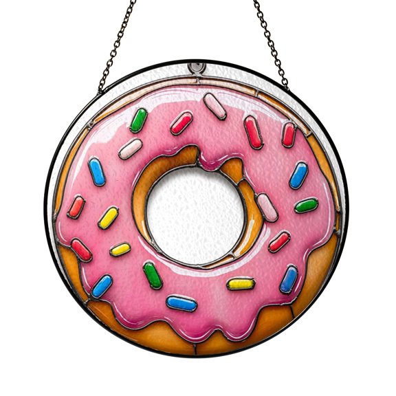 Glazed Donut Stained Glass Style Suncatcher, Sweet Sprinkle Window Hanging Decor for Kitchen Living Room Home Gift
