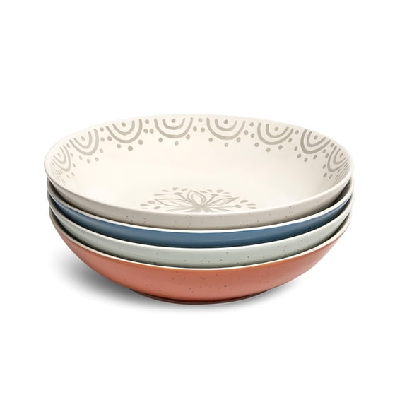 Glazed Garden Pasta Bowl Set, 4-Piece Stoneware Wide Shallow Tableware for Salad and Everyday Meals
