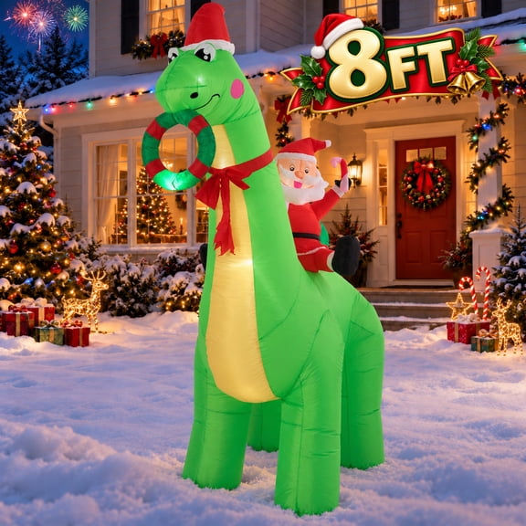 Glazina 8ft Santa Claus on Dinosaur Christmas Inflatable, Outdoor Decorations, Christmas Blow Up Gift, Rapid Inflation