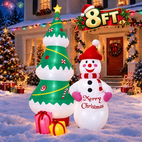 Glazina 8ft Christmas Inflatables, Holiday Outdoor Decorations, Blow Up, Snowman and Christmas Tree, Quick Inflation