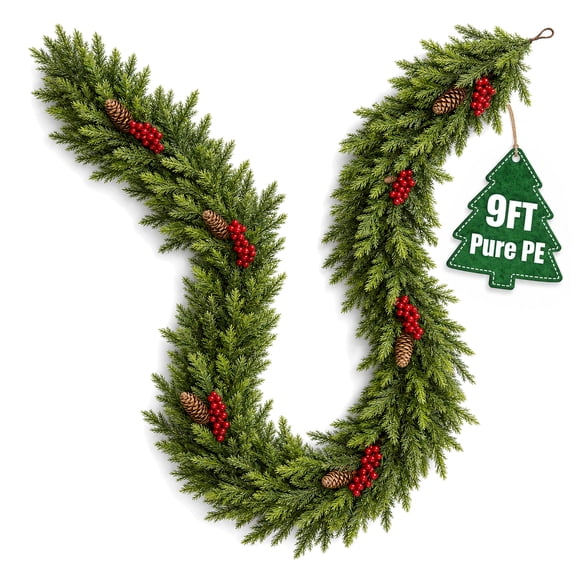 Glazina 9ft Christmas Garland, Real Touch Pure PE, Cedar Garland with Red Berries and Pinecones for Decorations Indoor and Outdoor