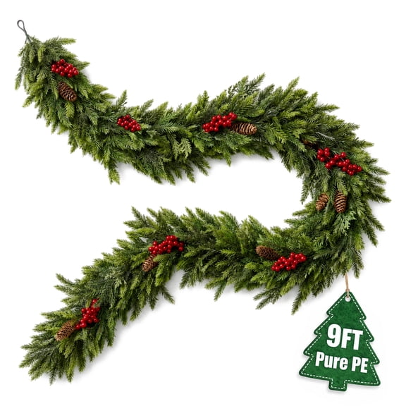 Glazina 9ft Norfolk Pine Christmas Garland, Real Touch Pure PE, Artificial Greenery with Red Berries and Pinecones for Decorations Indoor and Outdoor