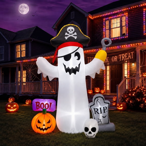 Glazina 6ft Halloween Inflatable Pirate Ghost with BOO Pumpkin, Skull and Tombstone, Built-In LED Lights, Outdoor Halloween Blow Up Yard Decoration