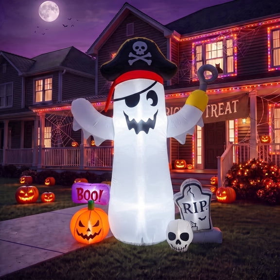 Glazina 6 FT Halloween Inflatable Pirate Ghost with BOO Pumpkin, Skull and Tombstone, Built-In LED Lights, Outdoor Halloween Blow Up Yard Decoration