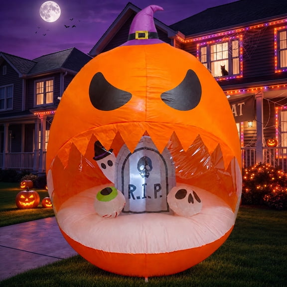 Glazina 6ft Halloween Inflatable Pumpkin Clear Window with Ghost Tombstone, Built-In LED Lights, Outdoor Halloween Blow Up Yard Decoration