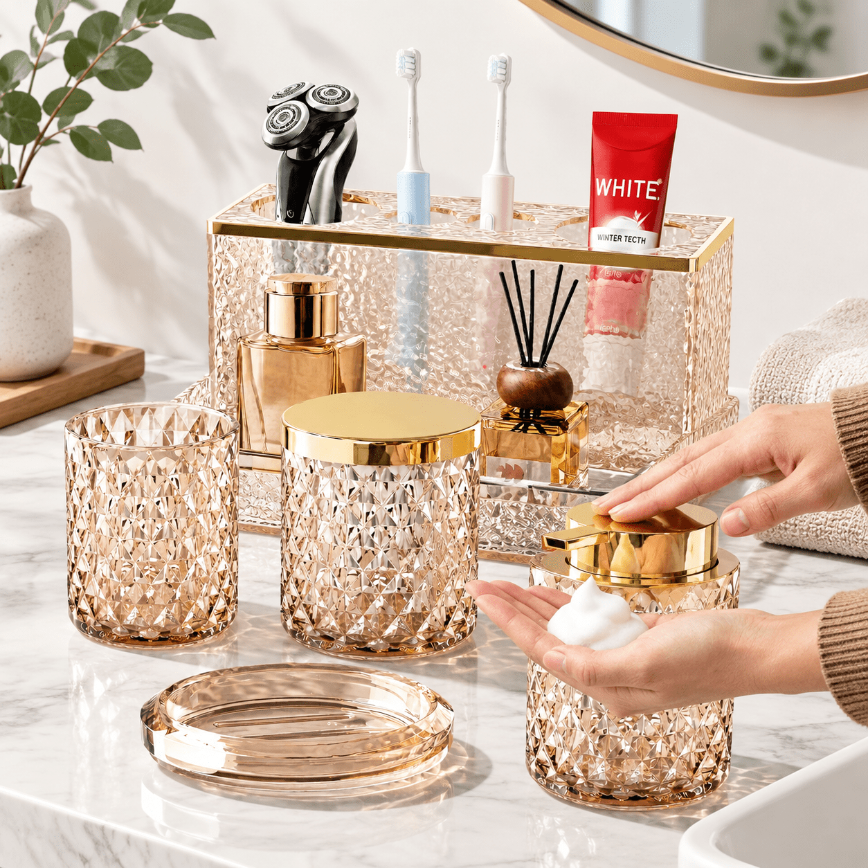 Glbathroom Accessories Set 5crystal Brown - Foaming Soap Dispenser Dish ...