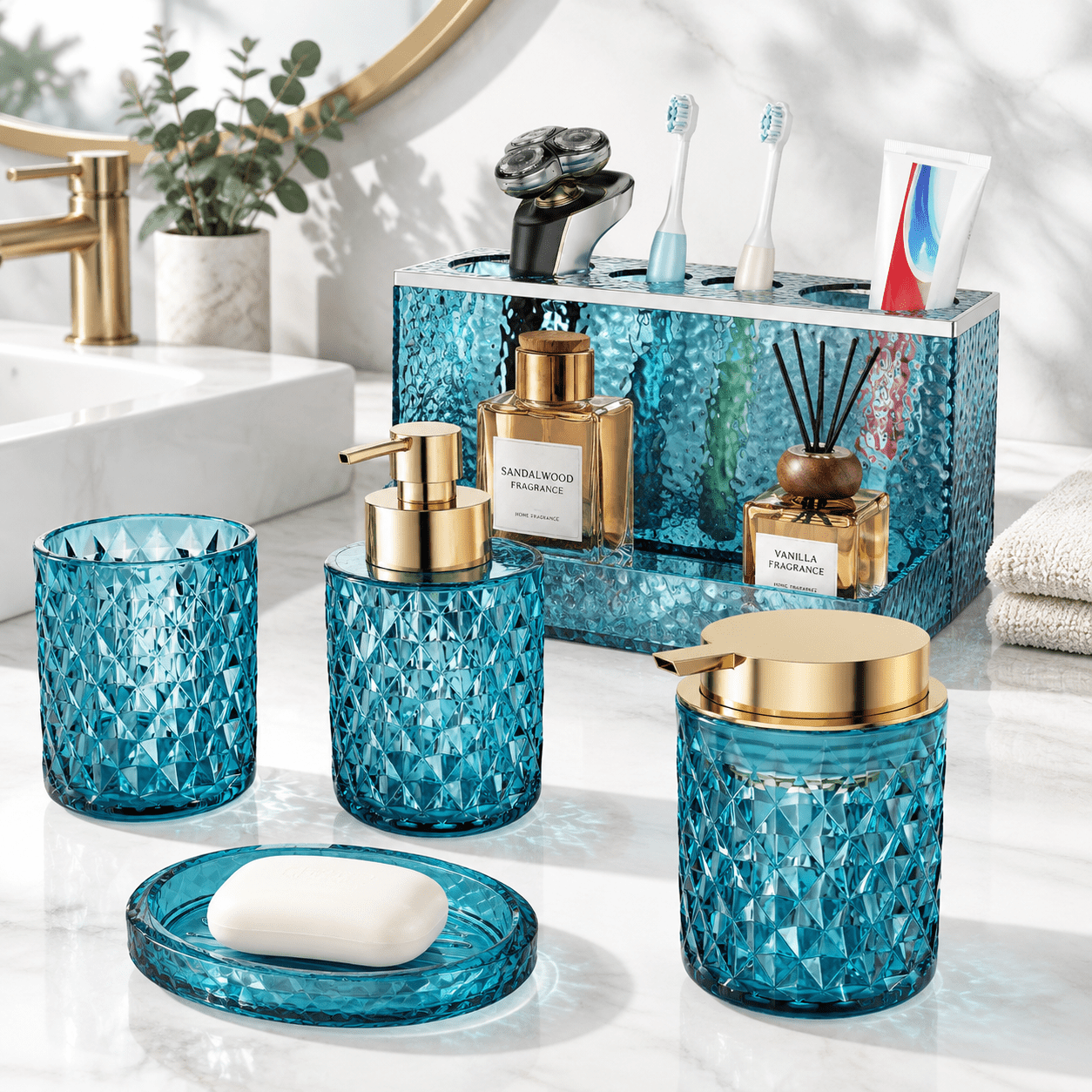 Glbathroom Accessories Set 5crystal Teal Foaming Soap Dispenser Dish ...