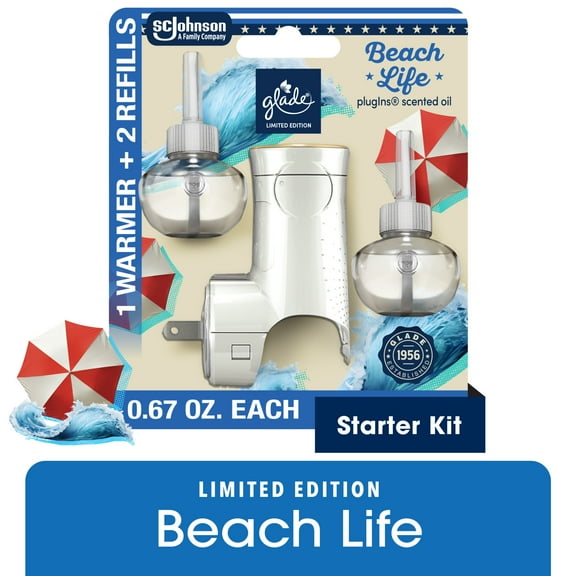 Glade PlugIns Refills Air Freshener Starter Kit, Beach Life, 1.34 Fl oz., 1 Warmer + 2 Refills