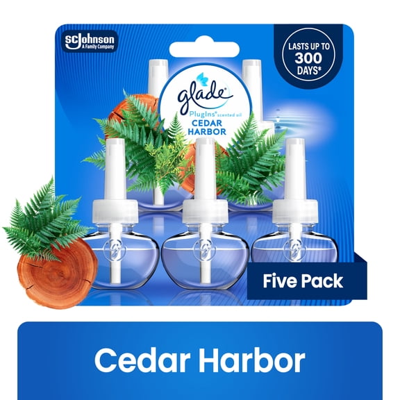 Glade PlugIns Scented Oil, Air Freshener, Cedar Harbor, Essential Oil Infused Wall Plug In, 3.35 FL oz, Pack of 5