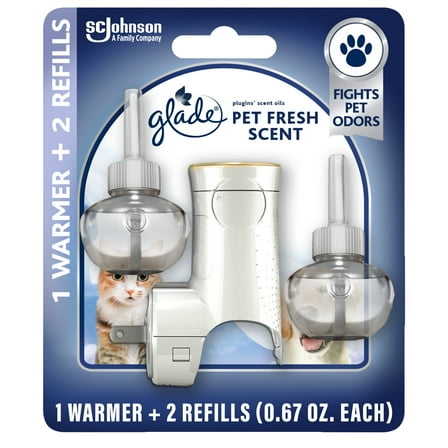 Glade PlugIns Refills Air Freshener Starter Kit, Scented and Essential Oils for Home and Bathroom, Pet Fresh Scent, Pet Odor-Fighting, 1.34 Fl oz, 1 Warmer + 2 Refills