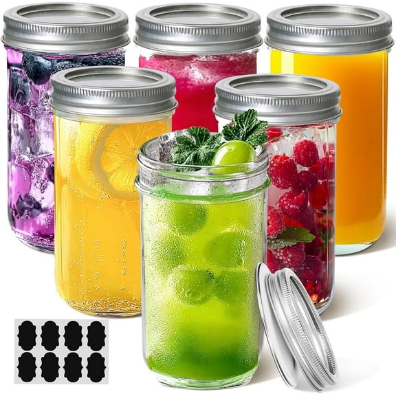 Gleam Adorn 12 oz Mason Jars with Lids 6 Pcs, Canning Jars with Seal Bands, 12 oz Glass Jar with lid for Soft Drinks, Fruit Juice, Vegetable Juice, Jam, Jelly, Sauce, Dessert, Overnight Oats, Pickles