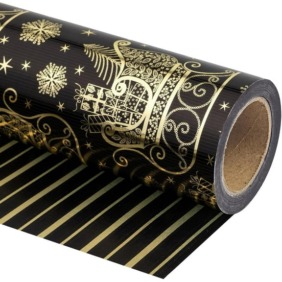 Gleam Adorn 30 Inch Jumbo Reversible Black and Gold Christmas Wrapping Paper - 30 Inch x 33 Feet - Black Gold Sleigh and Stripe Wrapping Paper with Metallic Foil for Christmas, Holiday, Party