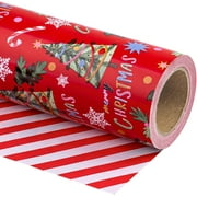 Gleam Adorn 30 Inch Jumbo Reversible Christmas Wrapping Paper - 30 Inch x 33 Feet - Red Christmas Tree Wrapping Paper and Stripe Design for Holiday, Party Celebration