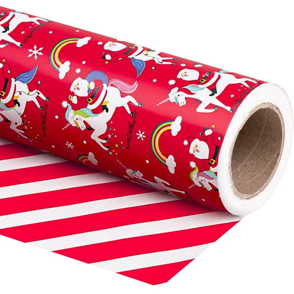 Gleam Adorn 30 Inch Jumbo Reversible Unicorn Christmas Wrapping Paper - 30 Inch x 33 Feet - Red Santa Claus, Unicorn Wrapping Paper and Stripe Design for Holiday, Party Celebration