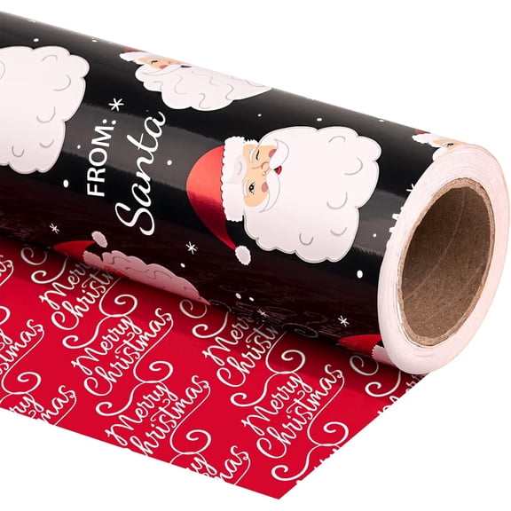 Gleam Adorn 30 Inch Jumbo Reversible Vintage Christmas Wrapping Paper - 30 Inch x 33 Feet - Black Jolly Santa Wrapping Paper and Red Merry Christmas Design with Metallic Foil Shine for Holiday, Party