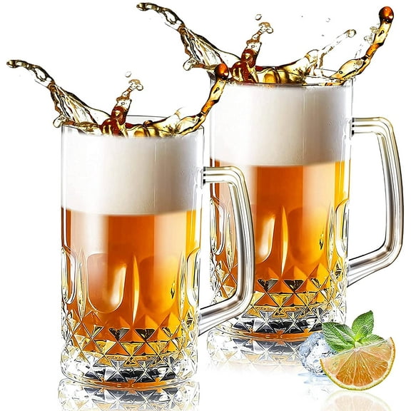 Gleam Adorn 32 Ounces Beer Stein Mugs - 2 Pack Extra Large German Style Clear Tall Beer Glasses for Men - Heavy Duty Thick Glass With Handle