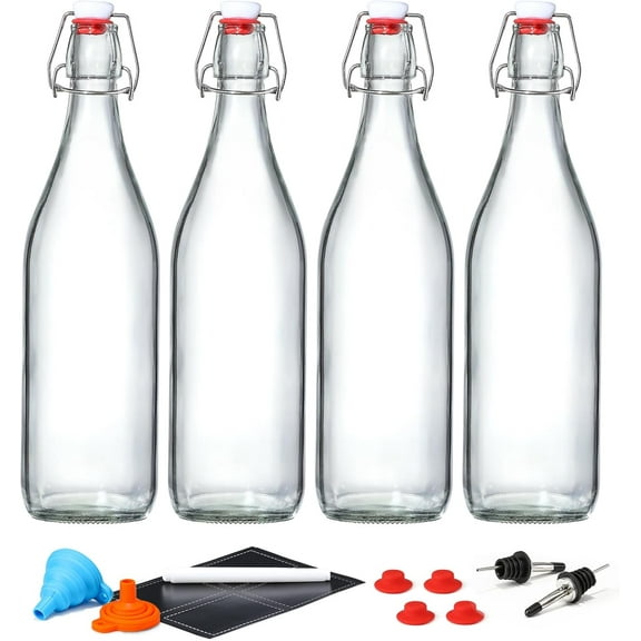 Gleam Adorn 4 Pack [1 Liter / 33 fl. oz.]Swing Top Glass Bottles w/ Airtight Stopper Lids–Flip Top Brewing Bottle for Fermentation,Kombucha,Mead,Vinegar,Beer,Kefir,Wine –With 4 Extra Seals&2 Pourers