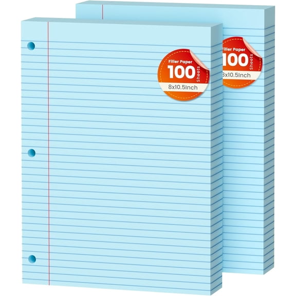 Gleam Adorn Blue Loose Leaf Paper 200 Sheets Colored Filler Paper 2 Pack 8 * 10.5 College Ruled 3-Hole Punched Paper for 3-Ring Binders Notebook Lined 8" x 10.5"