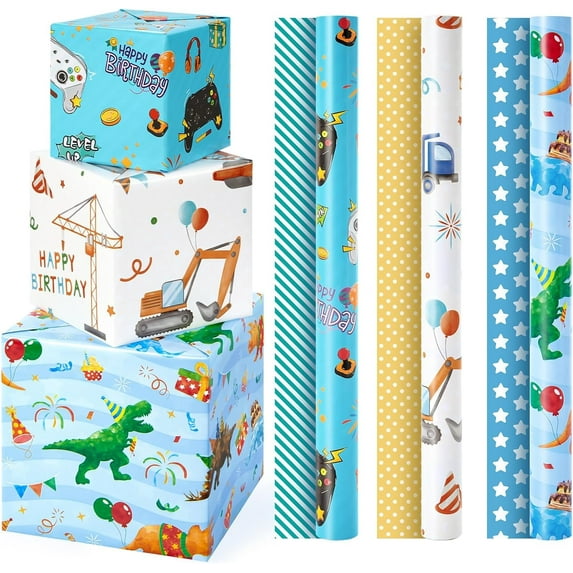 Gleam Adorn Boys Wrapping Paper Rolls - 3 Rolls 17” x 120” Happy Birthday Wrapping Paper for Boys Birthday Dinosaur Game Construction Party Favor 3 Different Design Gift Wrap Paper