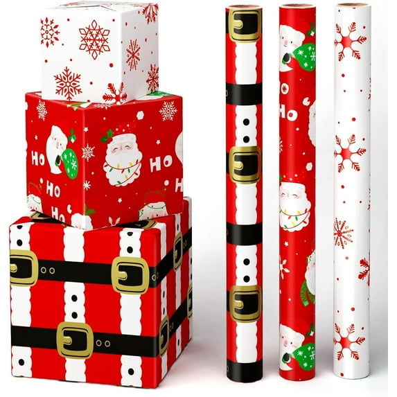 Gleam Adorn Christmas Wrapping Paper Rolls - 3 Rolls 17”x 120”Red Christmas Wrapping Paper for Holiday Gift Packing Decorations Santa Claus and Snowflake Design Wrap Paper with Cutting Lines
