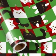 Gleam Adorn Green Christmas Wrapping Paper Roll, Fun Checker Plaid Black White Cat with Santa Hat Design, for Christmas, Winter, Cat Lovers, Kids, Families, Mini Roll 17 in x 16.4 Ft