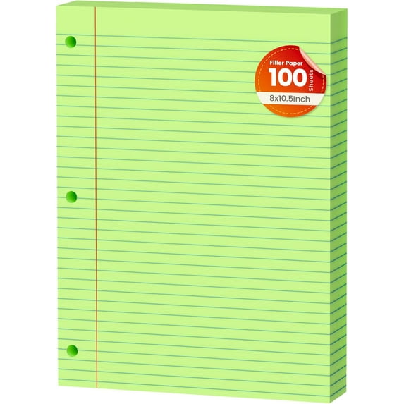 Gleam Adorn Green Loose Leaf Paper 100 Sheets Colored Filler Paper 8 * 10.5 College Ruled 3-Hole Punched for 3-Ring Binders Notebook Lined 8" x 10.5"