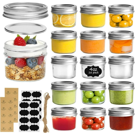 Gleam Adorn Mini Mason Jars 4oz - 16 Pack, Regular Mouth Mason Jar with Lids and Seal Bands, Small Glass Canning Jar for Spice, Jam, Honey, Jelly, Dessert, Shower Wedding Favors, DIY Candles Decor