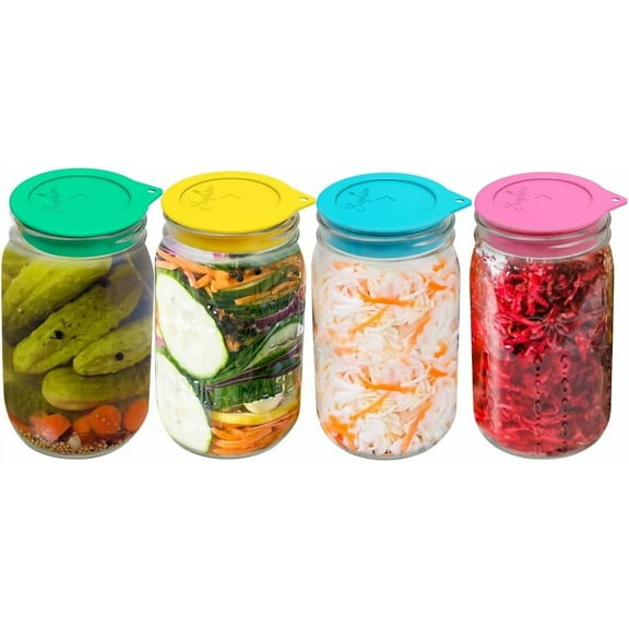 Gleam Adorn Silicone Fermenting Lids, Waterless Airlock Fermentation Tops Mason Jar Lid Fermenter Caps for Pickles, Kimchi, and Fermented Probiotic Food - 4 Pack, Wide Mouth (Jars Not Included)