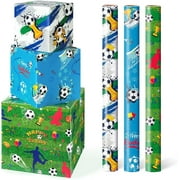 Gleam Adorn Soccer Gift Wrapping Paper - 3 Rolls 17”x 120” Boys Sports Wrapping Paper for Kids Birthday Party Decoration Supply Football Baby Shower Present Packing Favor, Green & Blue