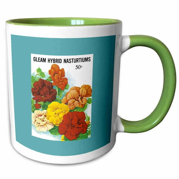 3drose, Gleam Hybrid Nasturtiums Red, White, Yellow and Orange Flowers, 15oz Two-tone Green Mug