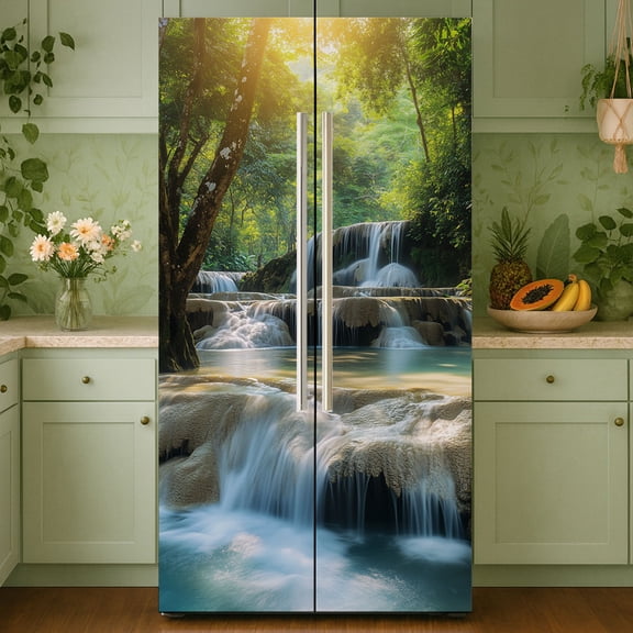 Gleamdisplay Forest Waterfall Self-Adhesive Refrigerator Wrap, 2-Pack - 16.3x78.7 Inch Removable Fridge Cover Sticker for Kitchen Bar