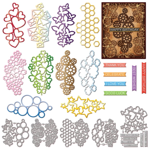 Gleamdisplay Gear Heart Envelope Metal Cutting Dies, Bubble Butterfly Star Frame Embossing Templates - for DIY Scrapbooking Paper Craft