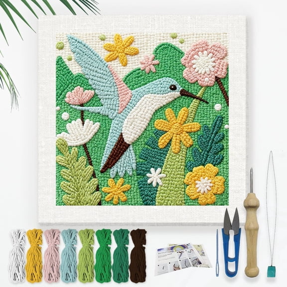Gleamdisplay Hummingbird DIY Punch Needle Embroidery Kit - Beginner Friendly, 9.4 Inch Includes Frame & Tools