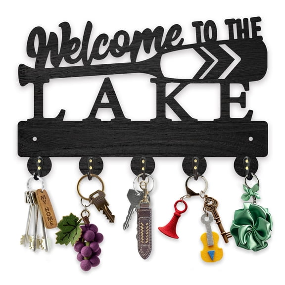 Gleamdisplay Oar Pattern Wooden Key Hook, Wall Mounted - "Welcome to The Lake" 5 Hooks for Entryway Kitchen Office