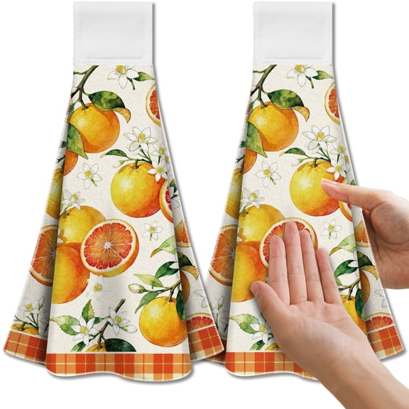 Gleamdisplay Oranges and Flowers Hanging Kitchen Towels with Loop, 2-Pack - Highly Absorbent Microfiber, Quick-Drying, 12.4x17.1 Inches