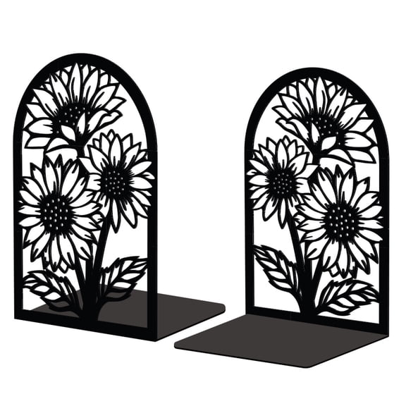 Gleamdisplay Sunflower Bookends, Heavy Duty Metal - 4.3x5.3x7.9 Inches, 2-Pack for Shelves