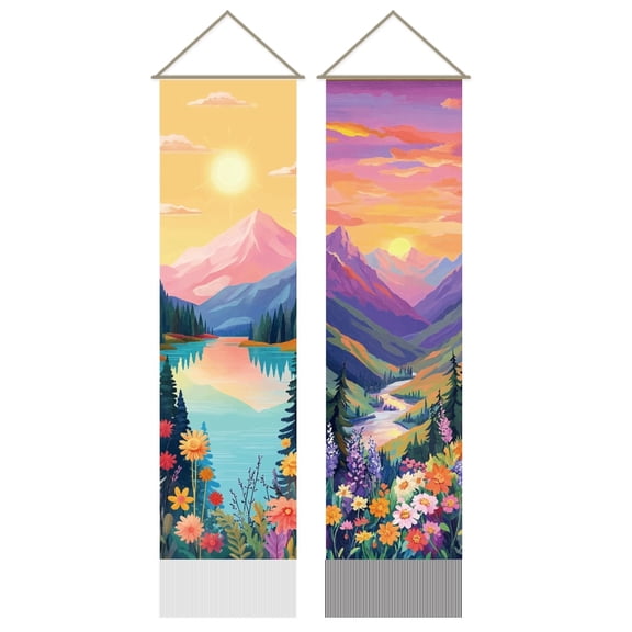 Gleamdisplay Sunrise Sunset Tapestry Wall Hanging, 2-Pack - Mountain River Landscape, 51x13 Inches with Tassels for Bedroom Living Room Decor