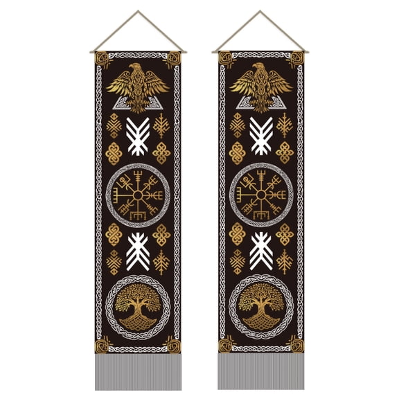 Gleamdisplay Vikings Crow Tapestry Wall Hanging, 2-Pack - Black Gold Tree of Life Art, 51x13 Inches with Tassels for Bedroom Living Room Decor