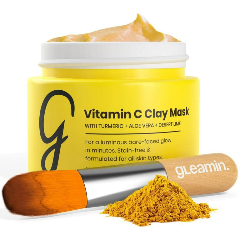 Gleamin Turmeric Vitamin C Clay Mask & Brush - Clay Face Mask with Aloe - Vegan Treatment & Brush