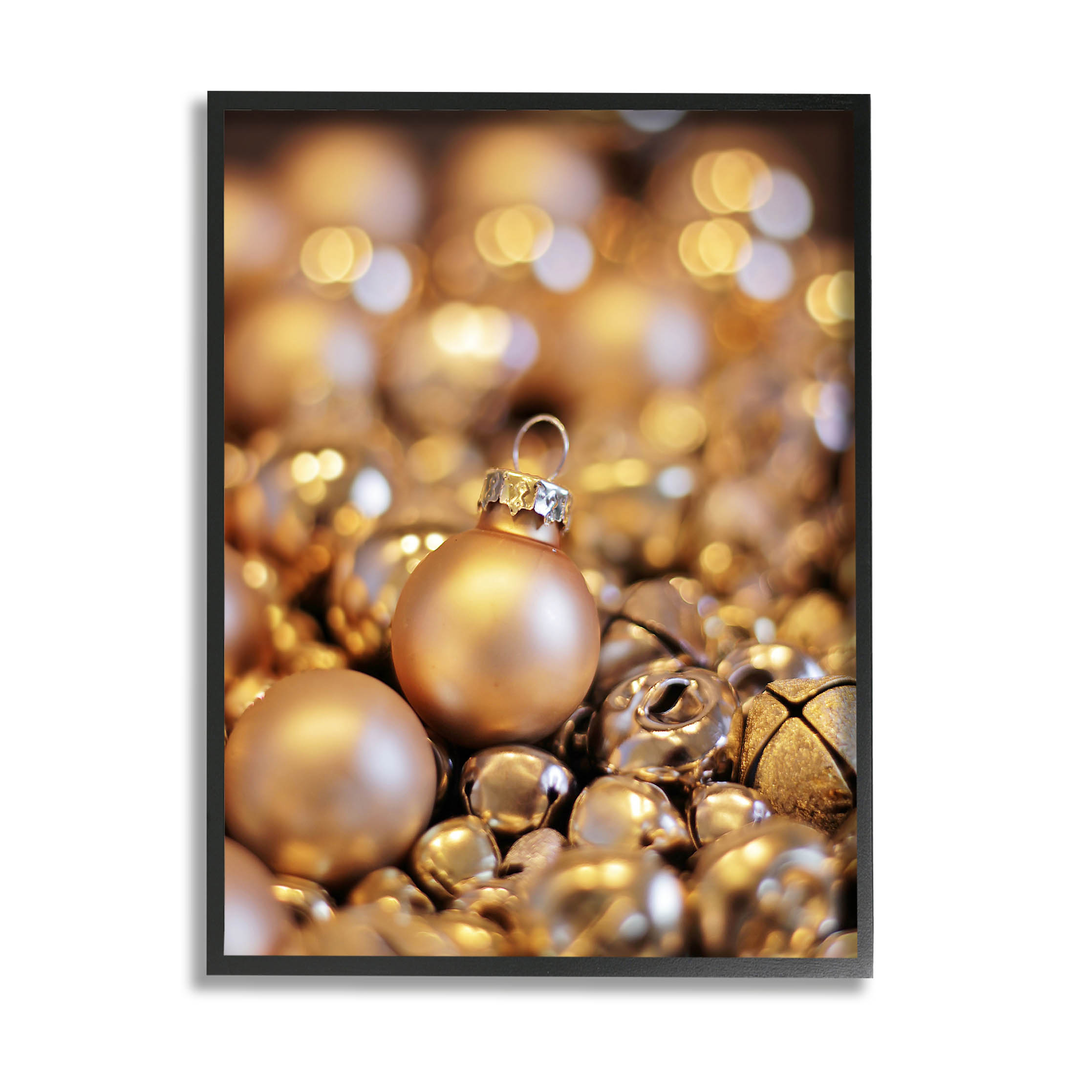 Gleaming Christmas Ornaments Bells Holiday Photograph Black Framed Art Print Wall Art