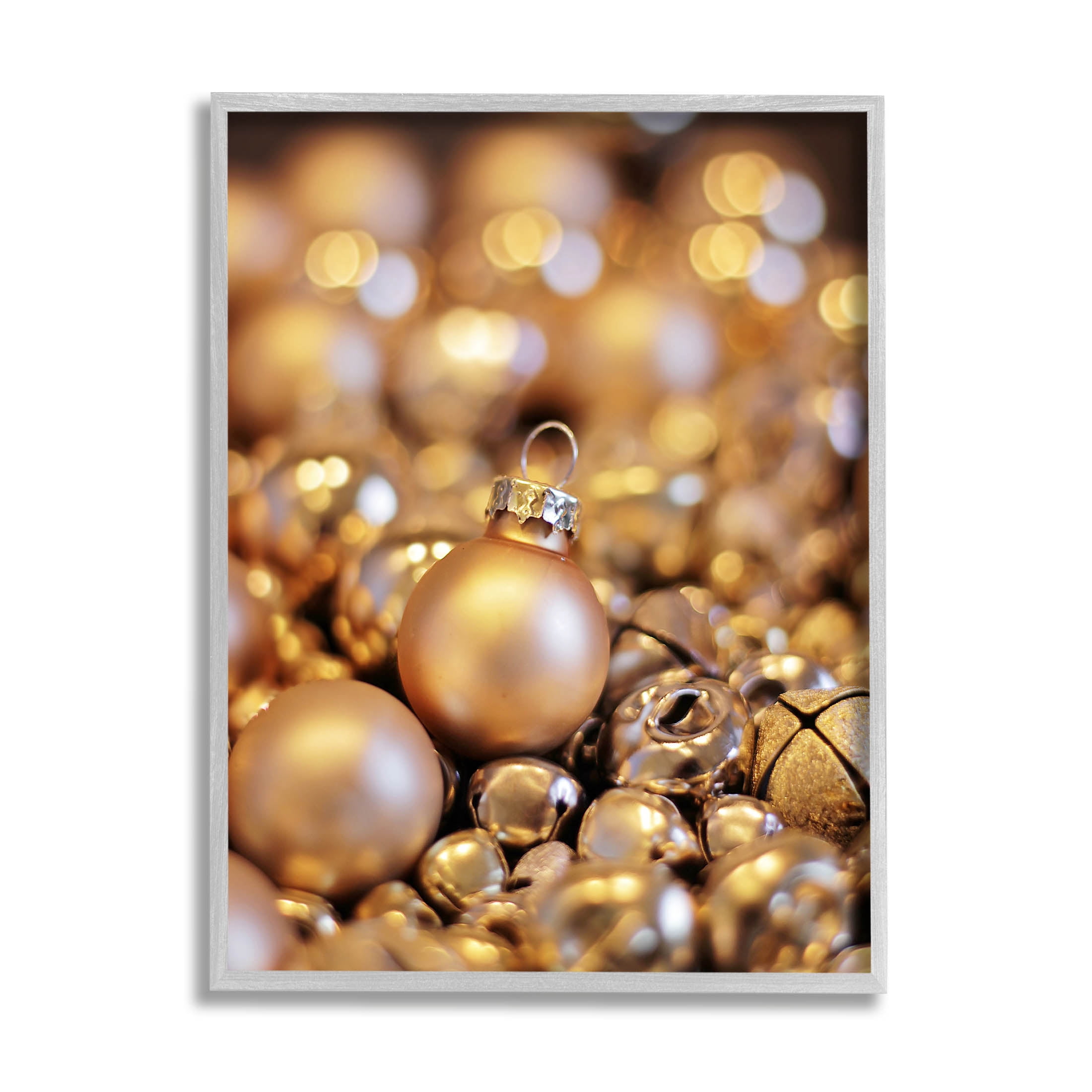 Gleaming Christmas Ornaments Bells Holiday Photograph Gray Framed Art Print Wall Art
